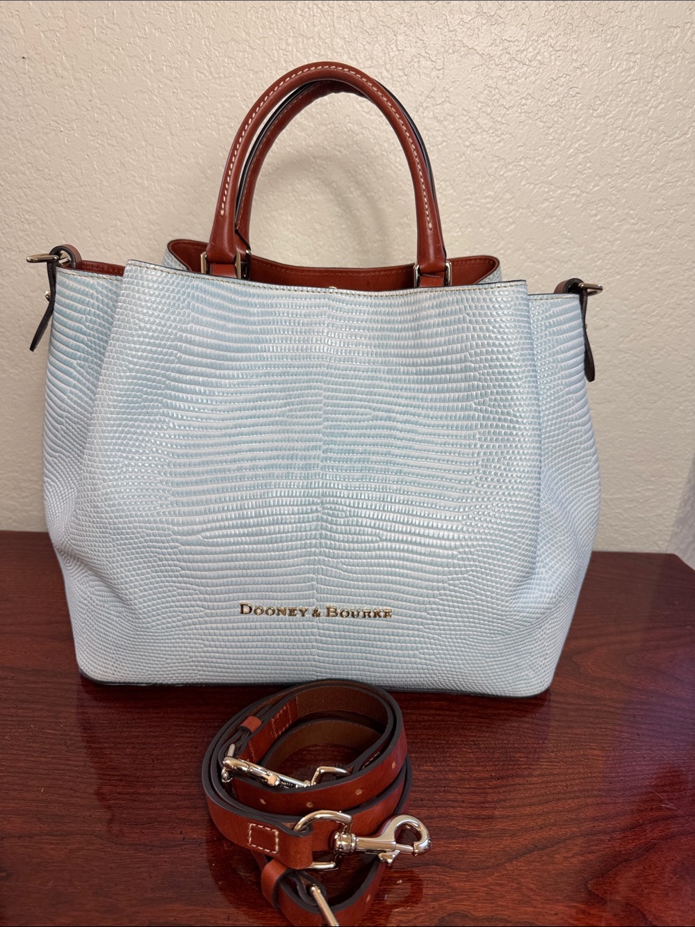 Dooney & Bourke Embosed Lizard Light Blue Textured Tote with Brown Leather Trim